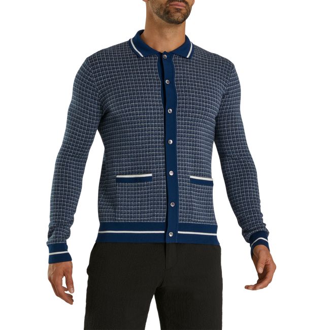 Camisas Footjoy Full-Placket Long Sleeve Sueter Polo Hombre Azul Marino | BHIEPSN-15