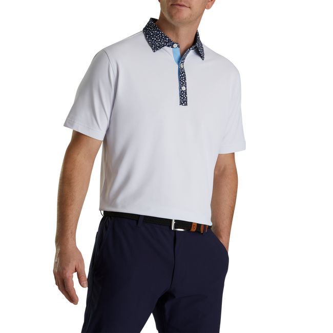 Camisas Footjoy Pique Tulip Trim Stretch Lisle Collar Hombre Blancas Azul Marino | LOTMDNA-53